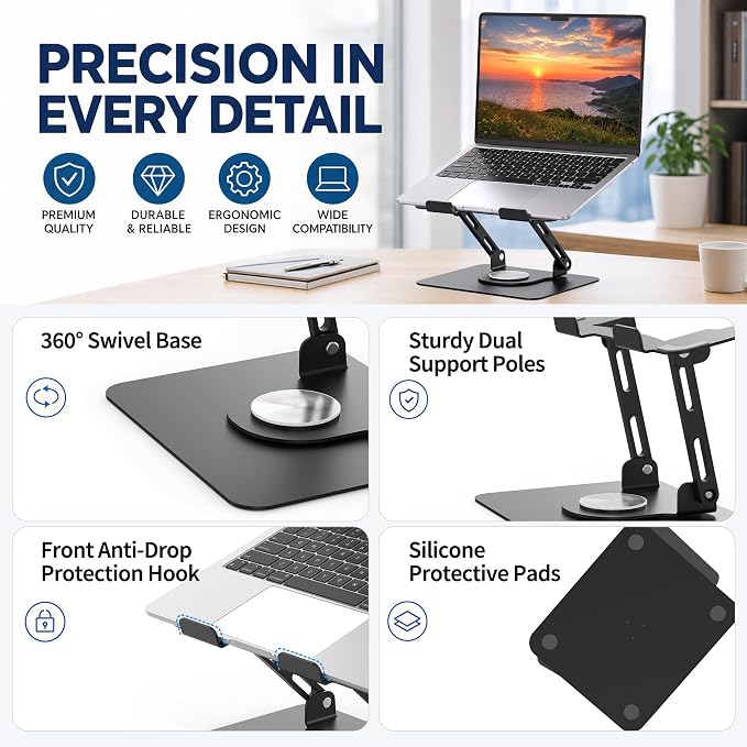 SOUNDANCE 360 Rotating Laptop Stand, Ergonomic Computer Riser for Desk, Adjustable Height Multi-Angle Metal Holder, Foldable Portable Notebook Elevating Base for Office & Home, Black - Image 9