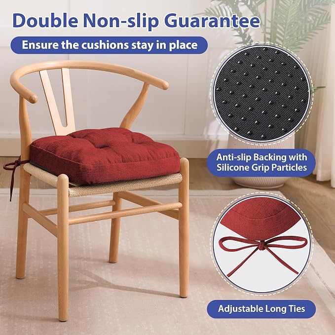 IASEAHK Chair Cushions for Dining Chairs, Dining Chair Cushions, Tufted Indoor Chair Pads with Ties & Non Slip Backing, Seat Cushions for Kitchen Chairs 16.5” x 16.5” x 3.5”, Set of 4, Red - Image 4