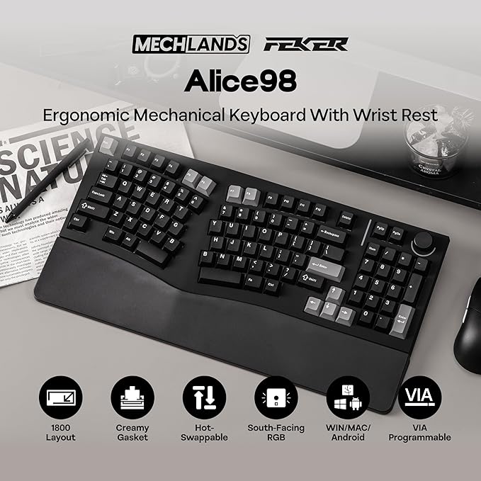 MechLands Feker Alice98 Ergonomic 98 Keys Custom Mechanical Keyboard | VIA Programmable, USB-C Wired Gaming Keyboard, Hot Swappable, 5 Layer Paddings, Control Knob, NKRO, RGB for Win/Mac (Black) - Image 2