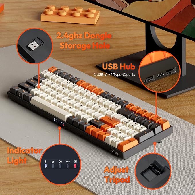 RK ROYAL KLUDGE RK100 Wireless Mechanical Keyboard RGB Backlit Bluetooth5.1/2.4G/Wired 96% Full Size 100-Key Hot Swappable Gaming Keyboard Brown Switch Carbon | 96% Full Size Keyboard with 3750mAh battery, 2.4Ghz/Bluetooth 5.1/Wired, Hot Swappable, Num... - Image 6