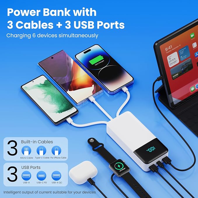 Portable Charger 50800mAh Power Bank with 3 Built in Cables,25W PD QC4.0 Fast Charging USB C Battery Pack,6 Outputs 2 Inputs Travel Essentials Phone Charger for iPhone 17/16/15,Google,Android,White - Image 3