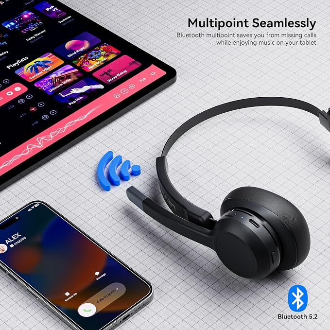 LEVN Trucker Headset, Trucker Bluetooth Headset with Noise Cancelling Microphone & Mute Button, Bluetooth Headsets V5.2 Multipoint for Work from Home/Cell Phone/Computer/Zoom/Teams/Truck Driver - Image 4