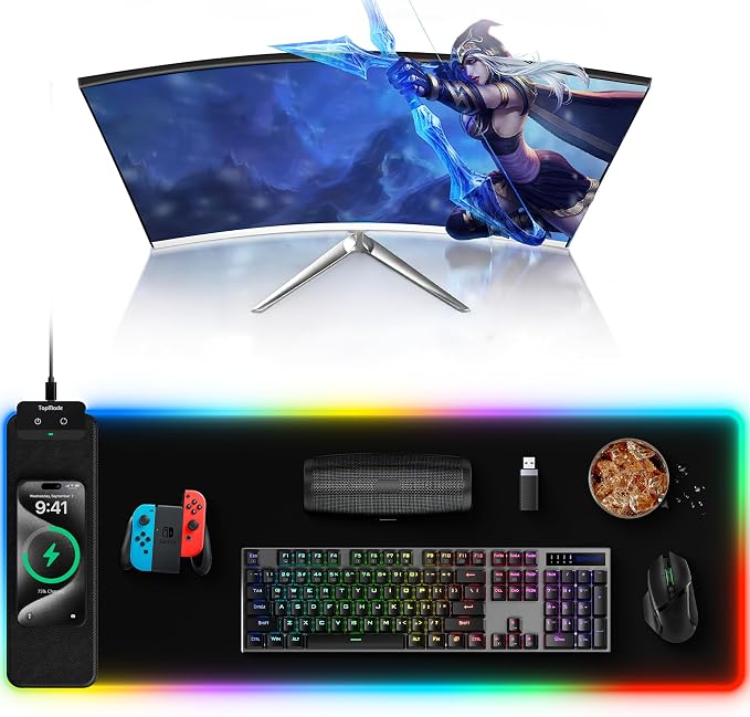 TopMade Mouse Pad with Wireless Charging, 31.5" x 11.81" Large Desk Mat RGB Gaming Mousepad, LED Desk Pad Keyboard Pad with Ultra-Smooth Surface & Non-Slip Rubber Base, Waterproof Desk Pad by TopmadeProduct-Ordernow