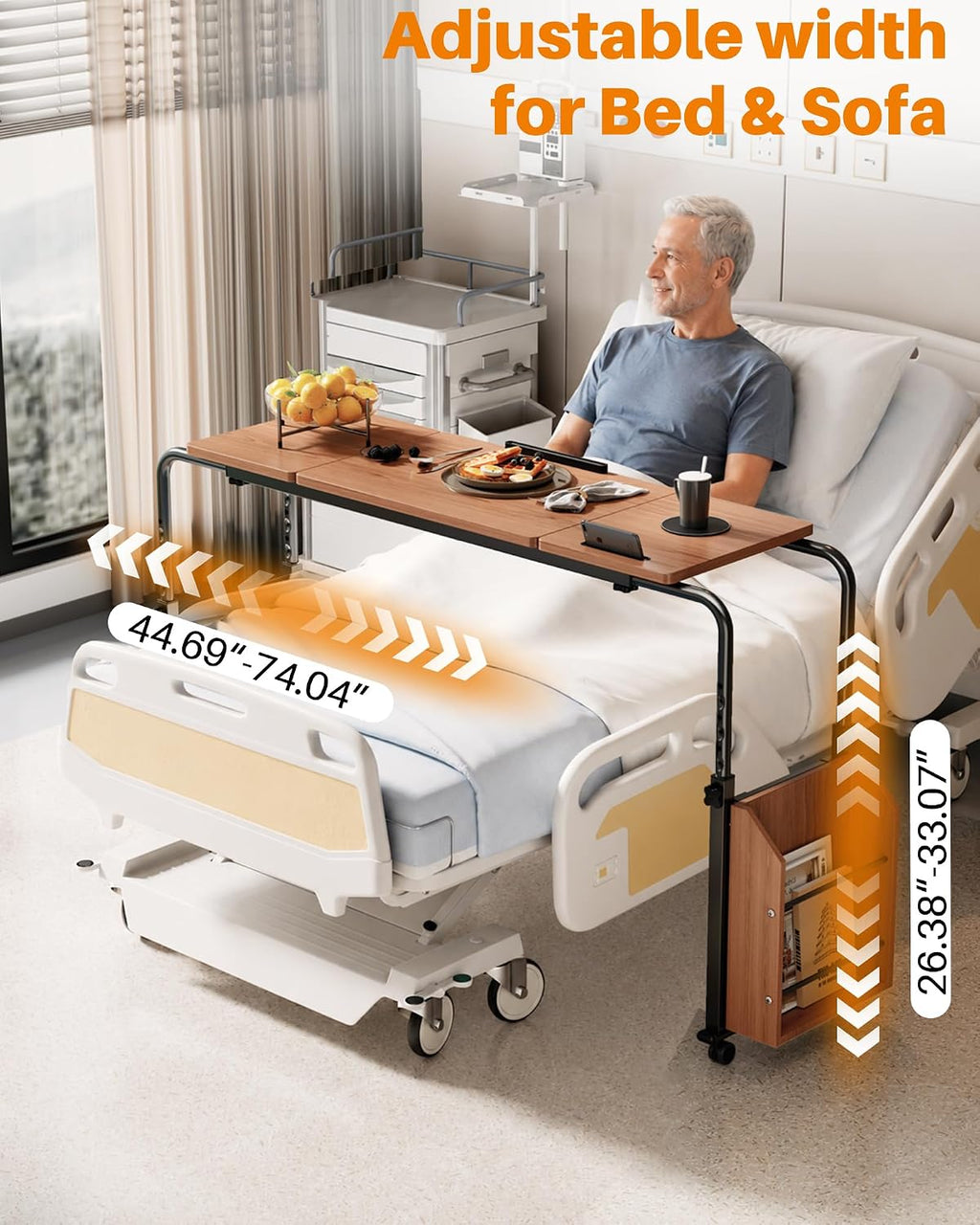 Laptop Desk for Bed,6-Angle Adjustable Overbed Table with Wheels,Adjustable Height and Length Bed Table for Laptop with Side Bookshelf,Standing Desk,Over Bed Desk for Working Hospital Home (Oaken) - Image 4