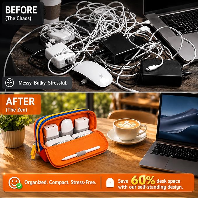 Electronic Organizer Travel Case, Upright Laptop Charger Bag, Nylon | Water Resistant; Fits MacBook Pro 96W/140W; Cable & Cord; 8 Pockets; Tech Accessories Pouch; Flight Carry On Essentials - Image 3