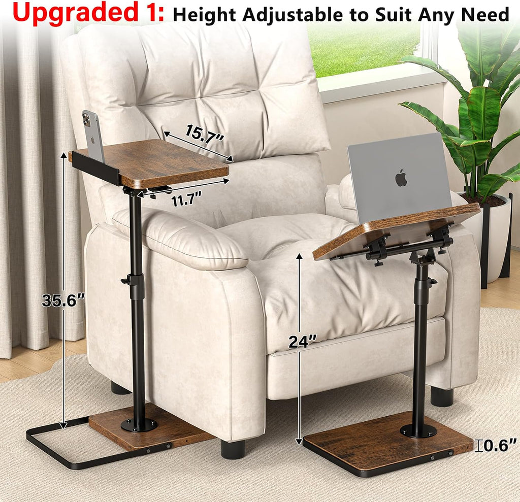 TV Tray Table for Couch, Height Adjustable/360° Swivel/180° Flip-Over Panel Design C-Shaped End Table, Sofa Arm End Side Table with Phone & Tablet Slot for Eating, Laptop,Couch Bed (Vintage Brown) - Image 2