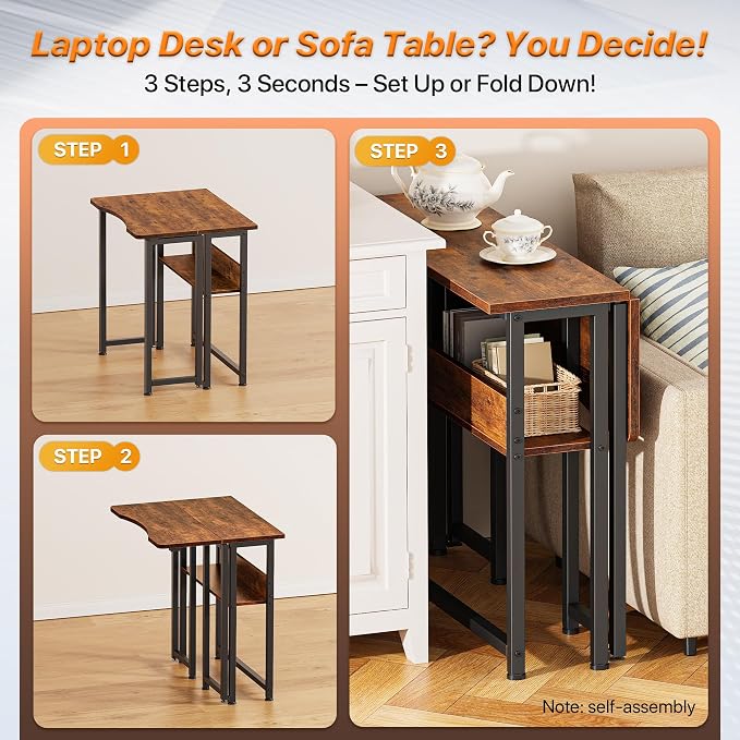 Huuger Folding Desk with Storage Shelf, 23.6 Inch Foldable Computer Table | Writing Work Office Computer Desk for Small Spaces, Space Saving Sofa Table for Couch, Easy to Fold, Rustic Brown - Image 4