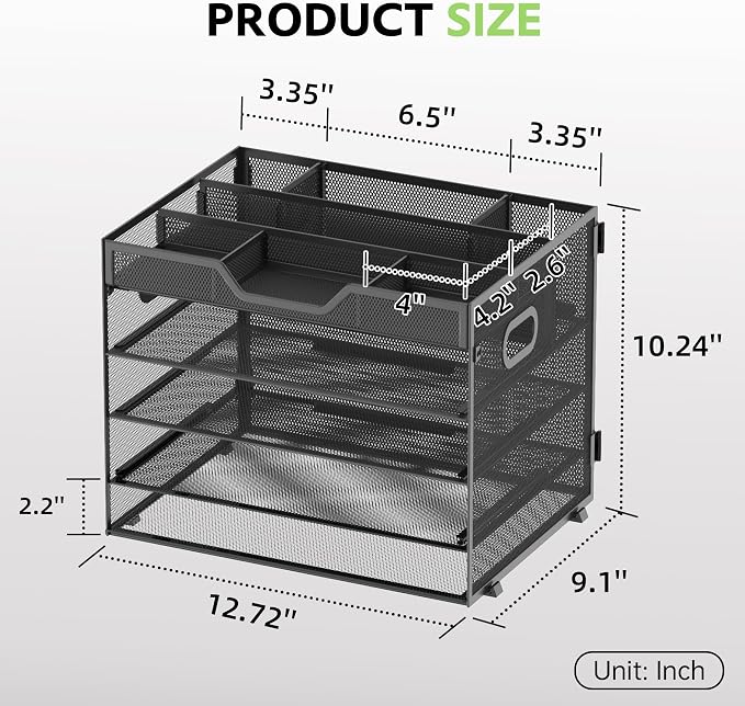 5 Tier Desk Organizer, Mesh Letter Tray Paper Organizer with 4 Adjustable Storage Compartments & Pen Holder, Metal Desk Accessories for Home Office School, Black - Image 3