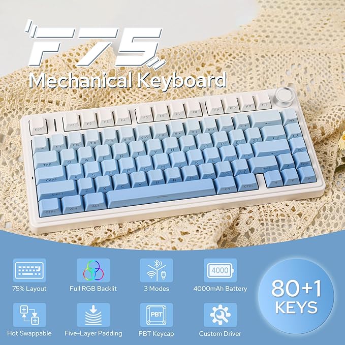 EPOMAKER x Aula F75 Gasket Mechanical Keyboard, 75% Wireless Hot Swappable Gaming Keyboard with Five-Layer Padding&Knob, BT/2.4GHz/USB-C, RGB (Blue Gradient, LEOBOG Reaper Switch) - Image 2