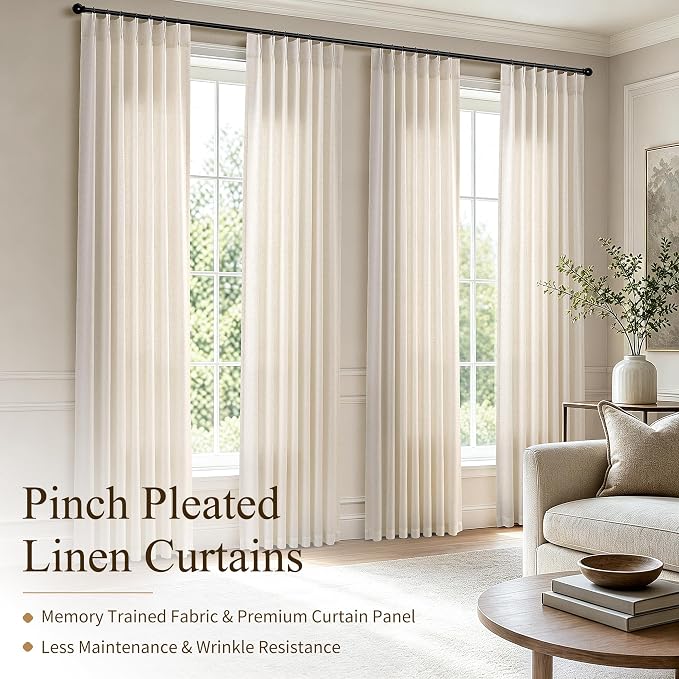 Hokibero Cream Pinch Pleated Linen Curtains 63 Inch Long for Living Room | Beige Light Filtering Semi Sheer Curtain,Back Tab Hooks Rings,Farmhouse Textured Privacy Drapes for Bedroom Window,2 Panels - Image 2