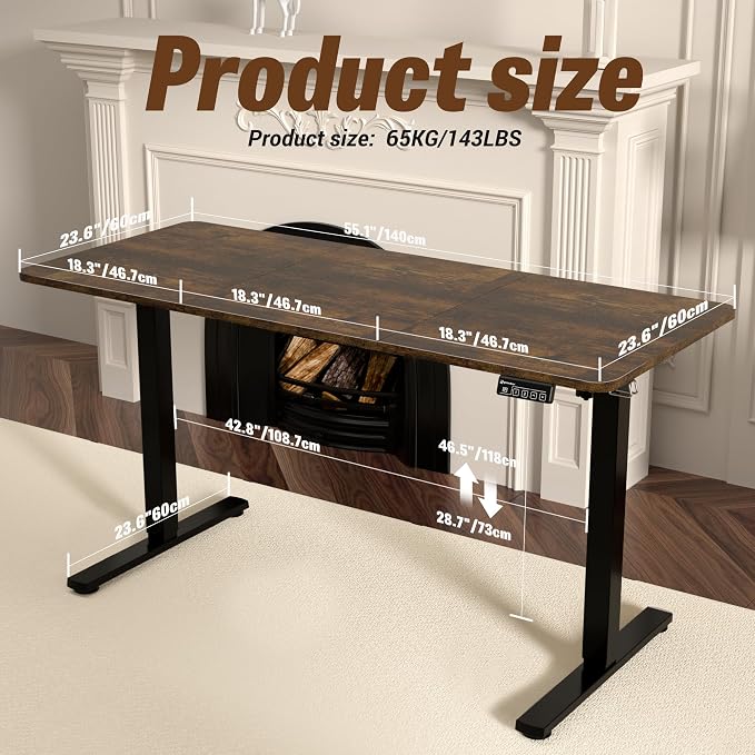 55"x24" Standing Desk, Height Adjustable Sit-Stand Home Office, Brown | Electric Adjustable Standing Desk, Sit to Stand Computer Office Desk with Splice Board, Memory Preset, Lifts 28.7''-46.5" - Image 3