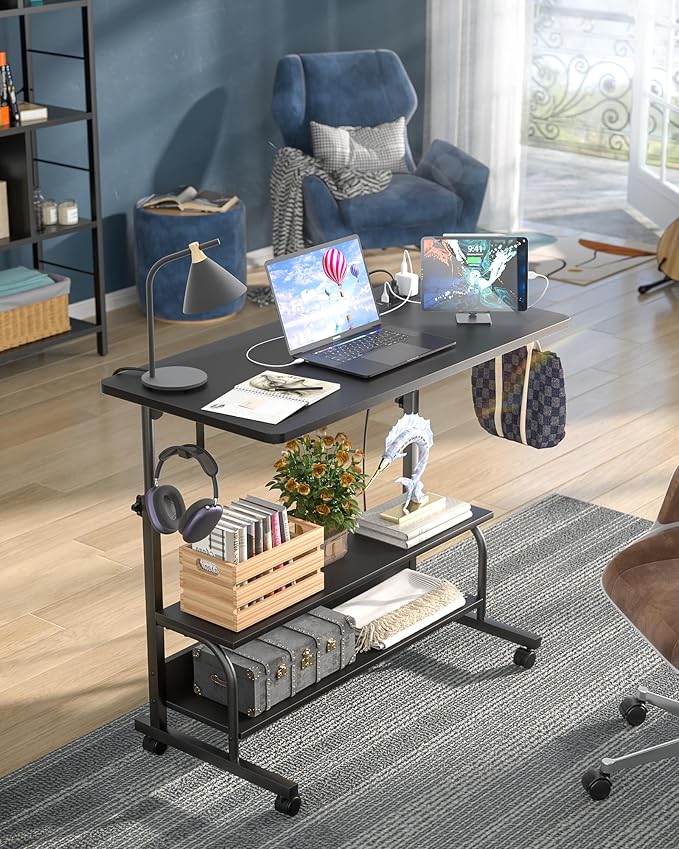 32" Rolling Standing Desk with Charging Station for Couch Bed | Height Adjust 27.5-41", 2 AC/3 USB, Mobile 4 Lockable Wheels, 2-tier Shelves Hook, Safe Corner Fast Assembly - Image 2