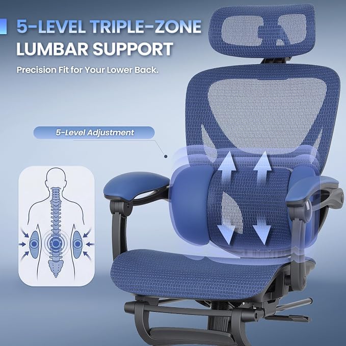 MALOL Ergonomic Mesh Office Chair with Footrest, Executive High Back Computer Desk Chair with 3D Adjustable Headrest & 5-Level Lumbar Support, Track Armrest, Tilt Lock, 300LBS, Blue - Image 4