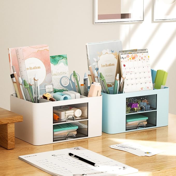 Marbrasse Pen Organizer with 2 Drawer, Multi-Functional Pencil Holder for Desk, Desk Organizers and Accessories with 5 Compartments + Drawer for Office Art Supplies (White) - Image 5