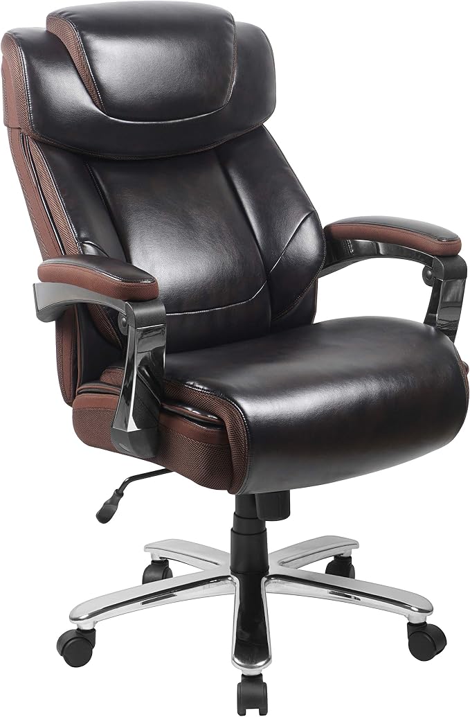 Flash Furniture Big and Tall Office Chair - Brown LeatherSoft Executive Swivel Office Chair with Headrest and Wheels | 500 LB Capacity, Padded Armrests, 360° Swivel, Height Adjustable, Commercial Grade by FlashFurniture