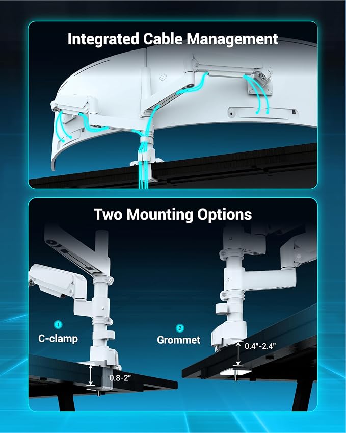 Ergounion Dual Monitor Arm for 13-49 Inch Ultrawide Screens, Heavy Duty Monitor Mount for 2 Monitors up to 44lbs, Full Motion Vertical Stacked Dual Monitor Arm Desk Mount, 75/100mm VESA Mount, White - Image 6