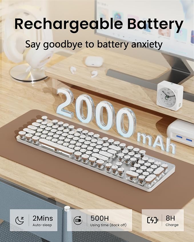 Wireless Typewriter Style Mechanical Keyboard with White Backlit, White | Bluetooth/2.4G/Wired, Clicky Blue Switch, Retro Keycaps, Rechargeable, Aesthetic Set for Mac, Windows, PC（EWEADN） - Image 5