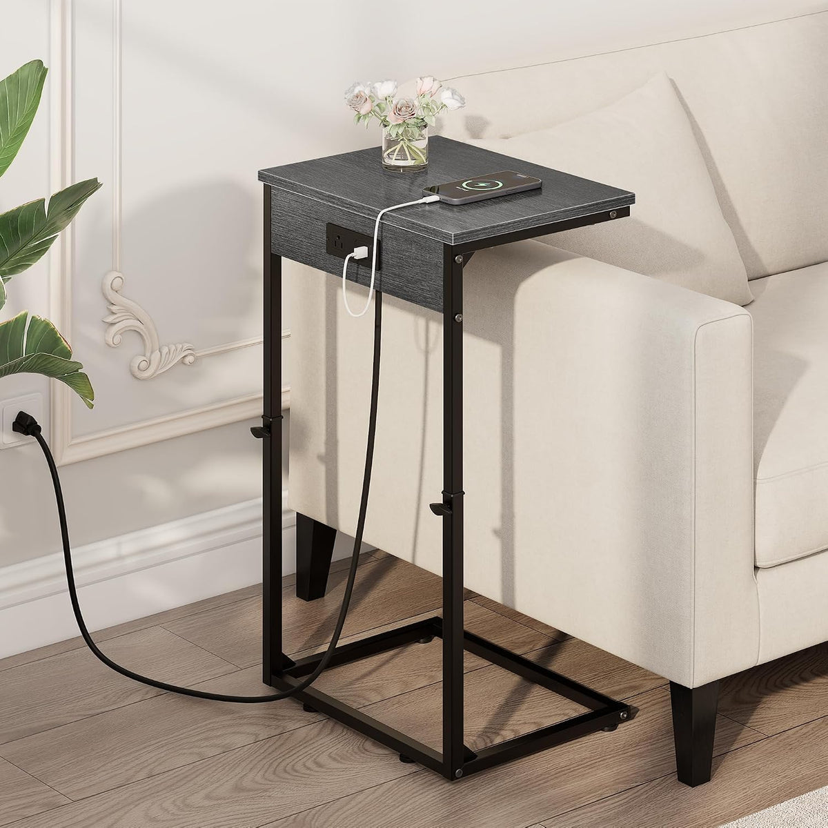 C Shaped End Table with Charging Station, Adjustable Height Side Table for Couch, Small Side Table, 33.2'' Tall Couch Tables that Slide Under, Tv Tray End Table for Living Room, Gray Walnut - Image 6