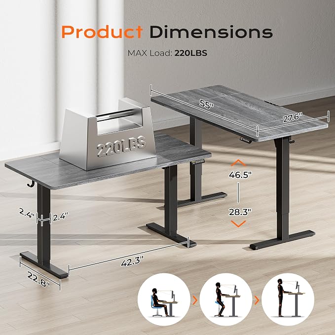 Huuger 55 x 28 Large Electric Standing Desk, Height Adjustable Desk, 27.6" Deep Desktop, Stand up Gaming Computer Office Desk with 2 Hooks, 3 Preset Heights, for Home Office, Grey - Image 2