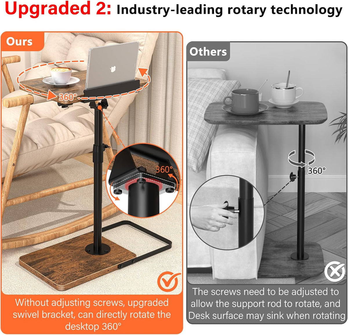 TV Tray Table for Couch, Height Adjustable/360° Swivel/180° Flip-Over Panel Design C-Shaped End Table, Sofa Arm End Side Table with Phone & Tablet Slot for Eating, Laptop,Couch Bed (Vintage Brown) - Image 3