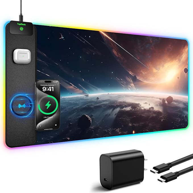 TopMade Wireless Charging Mouse Pad, RGB Gaming Mousepad Home Office Desk Pad, 31.5” x 15.8” Large Desk Mat, Waterproof Keyboard Pad, Cosmic Planet (Includes 20W PD Power Adapter & 6.56ft Woven Cable) - Image 2