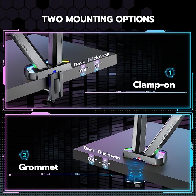 ARES WING RGB Dual Monitor Arm Desk Mount for 17-38 inch Monitors, Grey | Heavy Duty Dual Monitor Stand Holds 35.2 lbs, Adjustable Ultrawide Monitor Arm with Clamp & Grommet Base, 75/100 VESA - Image 6