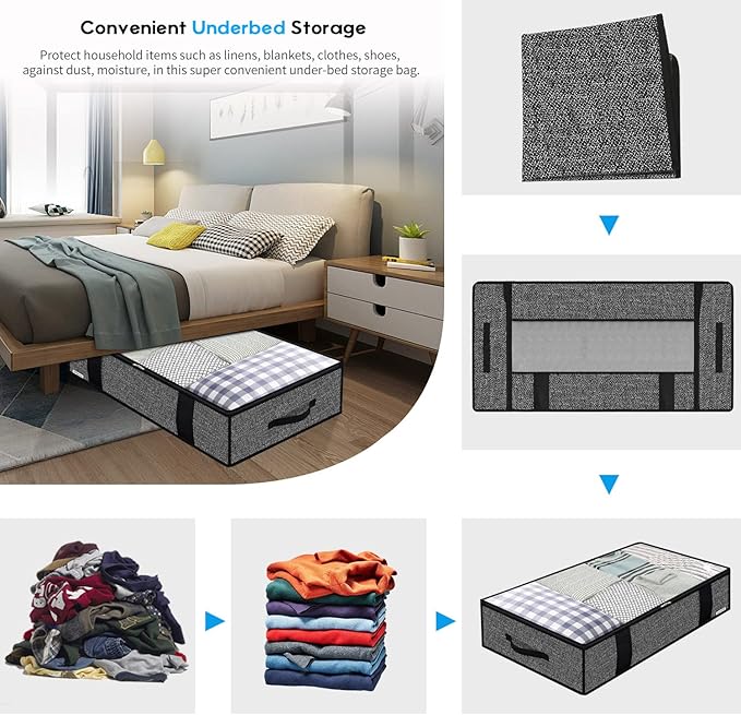Onlyeasy Foldable Underbed Bags - 2 Pack Blankets Clothes Comforters Storage Bag Breathable Zippered Organizer for Bedroom with Clear Window and 4 Handles, 100 x50 x15cm, Linen-Like Black, MXAUBBP2 - Image 3