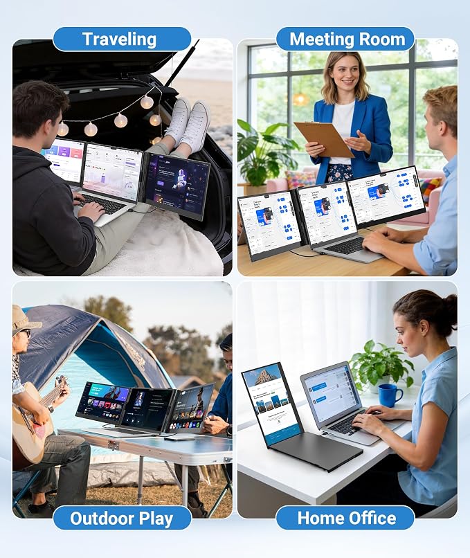 14" Triple Laptop Screen Extender, 2.2lb Ultra-Thin Portable Monitor | FHD 1080P IPS, Plug & Play USB-C/HDMI, Travel Monitor for 13”-17” Laptops, Compatible with Windows, Mac, Android, Chrome - Image 8