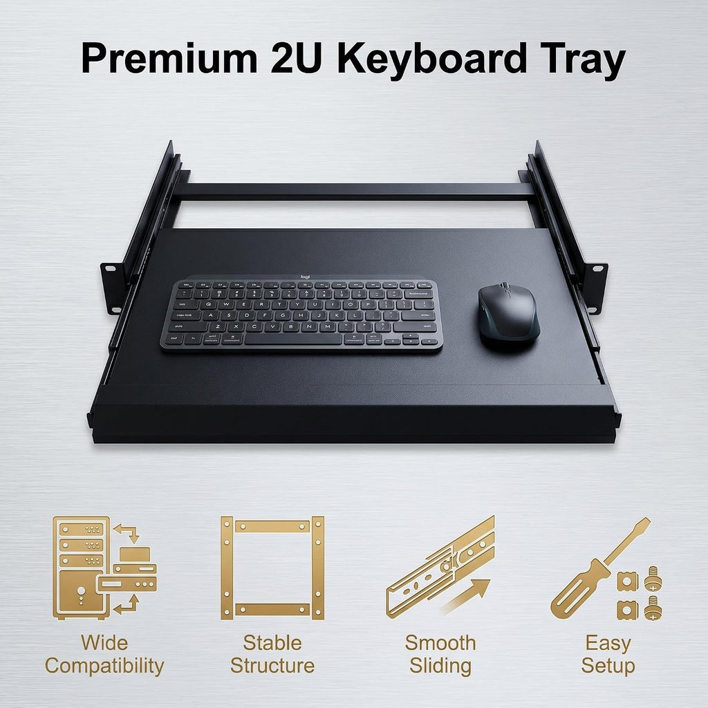 2U Keyboard Tray 12" Depth -Universal 19" Rack Mount Sliding Shelf - Image 2