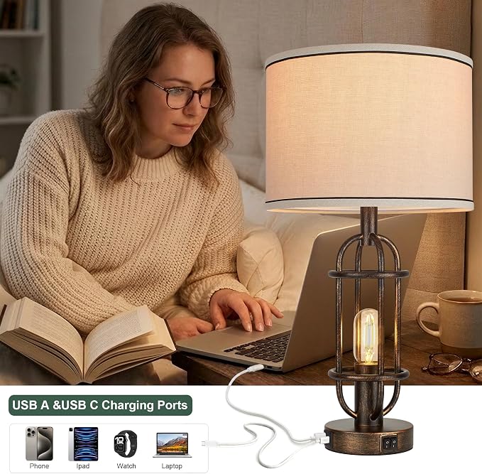 Reaketon Table Lamps for Living Room Set of 2, 22.3" Farmhouse Lamps for Nightstand, Industrial Table Lamps for Bedroom with USB Ports, Retro Bronze - Image 3