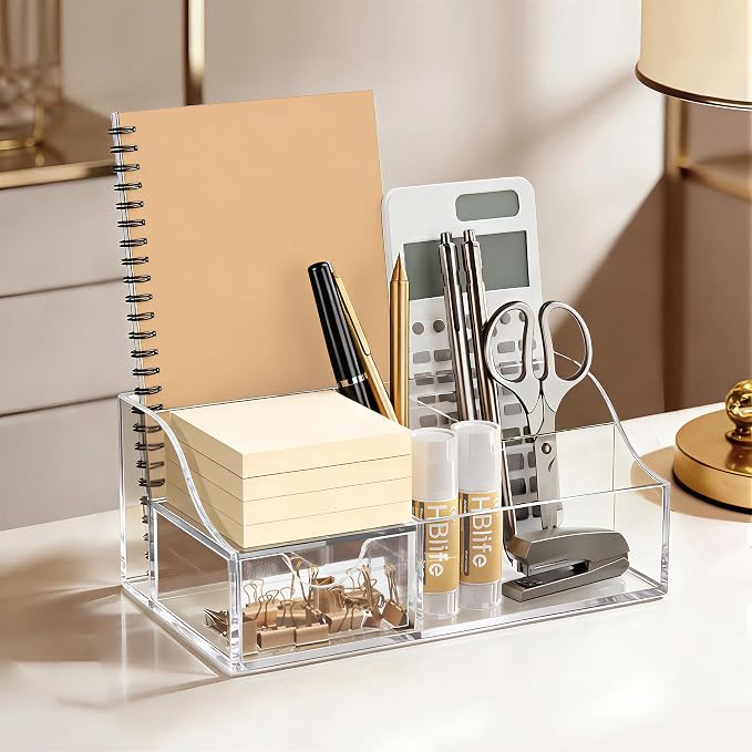 HBlife Acrylic Desk Organizer with Drawer, Pen & Pencil Holder, Multifunctional Desktop Caddy for Office Supply and Organization - Image 6