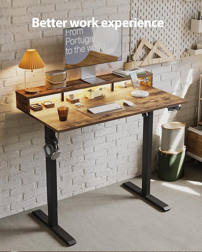 Agilestic 48*24 Inch Electric Standing Desk with Shelf & Led, Rustic Brown | Electric Height Adjustable, Outlets&Led, Monitor Stand, Sturdy Steel Frame, Memory Presets, Hooks, 154 lbs, Splice Board - Image 4