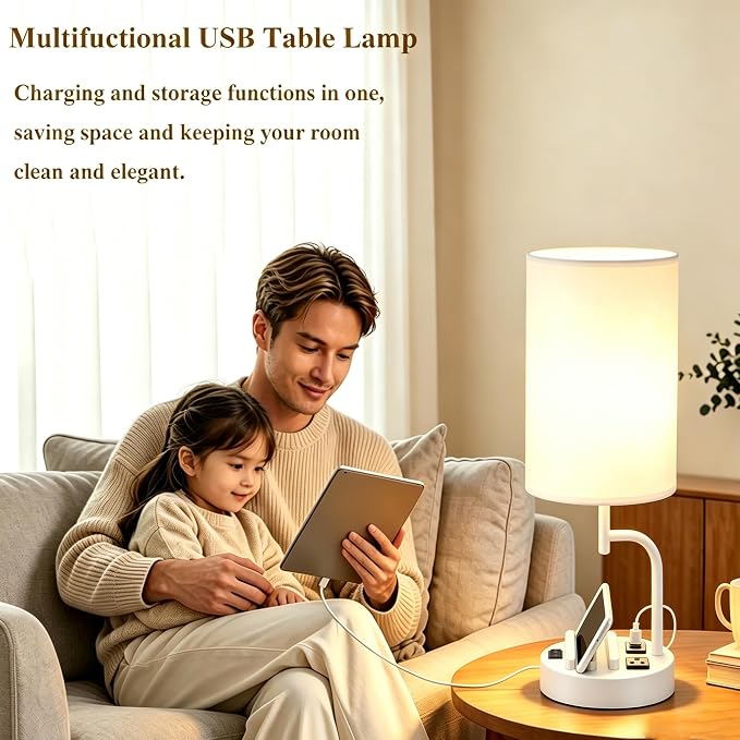 Dreamholder 2 Pack Table Lamp, Bedside Lamp with 3 USB Charging Ports & AC Outlet, USB Desk Lamp with 2 Phone Holders, Linen Fabric Shade Nightstand Lamps for Bedroom Living Room Office, White - Image 7