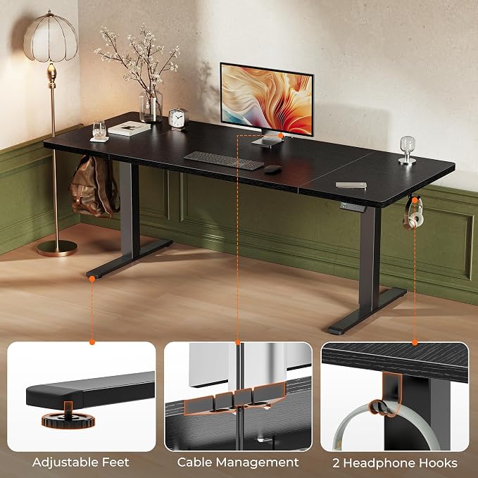 Huuger 71 x 30 Large Electric Standing Desk, Height Adjustable Computer Desk, 29.5" Deep Desktop, Stand up Gaming Office Table with 2 Hooks, 3 Preset Heights, for Home Office, Black - Image 9