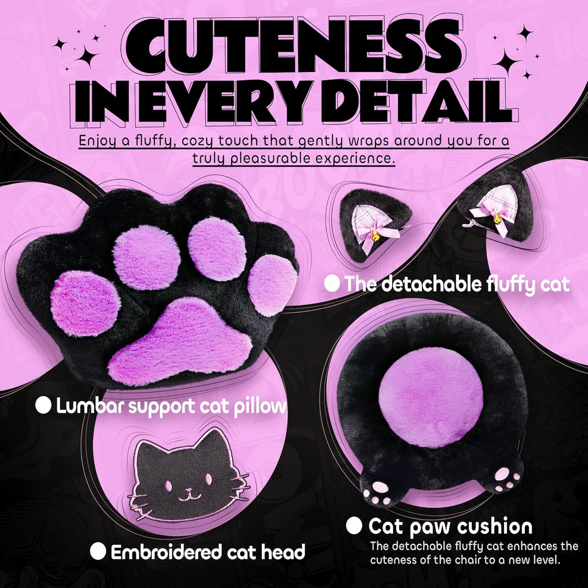 Pink Gaming Chair Cute with Cat Ears Paw Lumbar and Cushion,Ergonomic Computer Chair with Footrest,Reclining PC Game Chair for Girl Computer Chair 300lbs for Adult, Black and Purple - Image 2