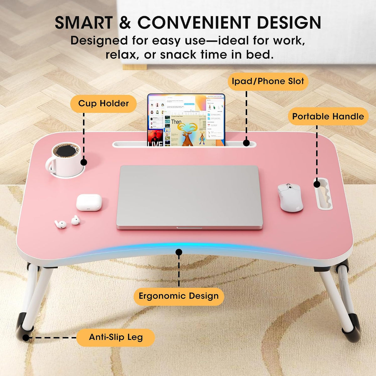Folding Lap Desk, 23.6 Inch Wood Laptop Bed Desk with Cup Holder, Portable Bed Table for Working Writing Reading & Eating for Bed, Sofa, Couch, Floor - Pink - Image 3