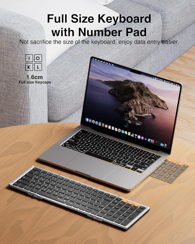 ProtoArc XK01 Full-Size Foldable Bluetooth Keyboard for Travel, Silver | 105 keys, number pad, 0.65in keycaps, 3-device Bluetooth 5.1 switching, USB-C charging, for laptop tablet phone - Image 2