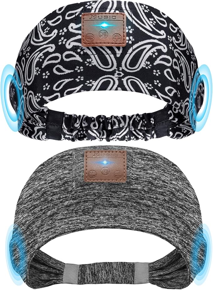 2-Pack Sleeping Headphones, Headband Headphones with Thin Speakers | Wireless Bluetooth Headband for Running Sports Workouts Yoga Travel Meditation Gift for Men Women - Gray&Pattern Black by Mixiba