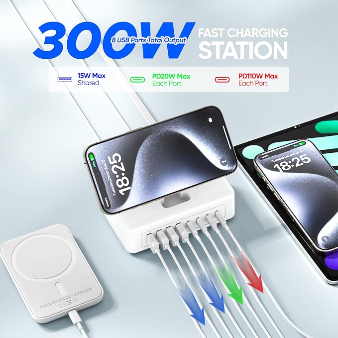 300W USB Charging Station, 11-in-1 USB C Power Strip Surge Protector, 2AC Outlets & 8USB Ports, 5ft Flat Plug Extension Cord with Multiple Devices, Desktop Charger for Home Office Desk - Image 3