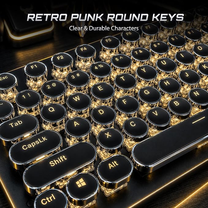 RK ROYAL KLUDGE S108 Typewriter Mechanical Keyboard, Wired Gaming Keyboard with Number Pad, Full Size Retro Keyboards w/Detachable Wrist Rest for Mac/Win/PC, Clicky Blue Switch, Yellow Backlit Black - Image 4