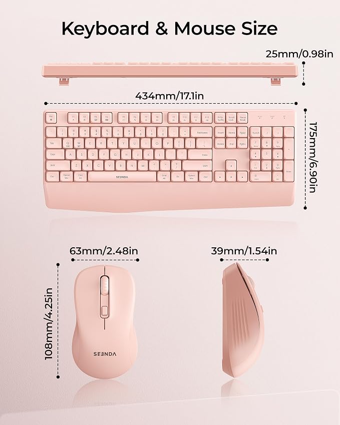 seenda Wireless Bluetooth Ergonomic Keyboard Mouse Combo, Full Size, Pink | USB/Bluetooth multi-device switching, with wrist rest, number pad, and quiet operation for PC, laptop, Mac, MacBook, and iPad - Image 6