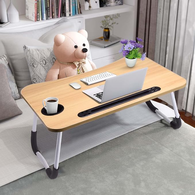 Slendor Foldable Lap Desk with Cup Holder for Bed, Couch, Floor | Portable,with USB Light, Fan, Pen Holder,Tablet Holder,for Laptop,Writing,Eating,Walnut - Image 2