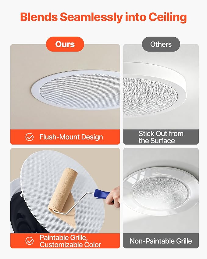 VEVOR Bluetooth Ceiling Speakers, 6.5", in Ceiling & in-Wall Speaker System with Amplifier, 2-Way, for Damp and Humid Placement, Home Theater, Covered Outdoor Patio and Flush Mount Wired, 4 Speakers - Image 5