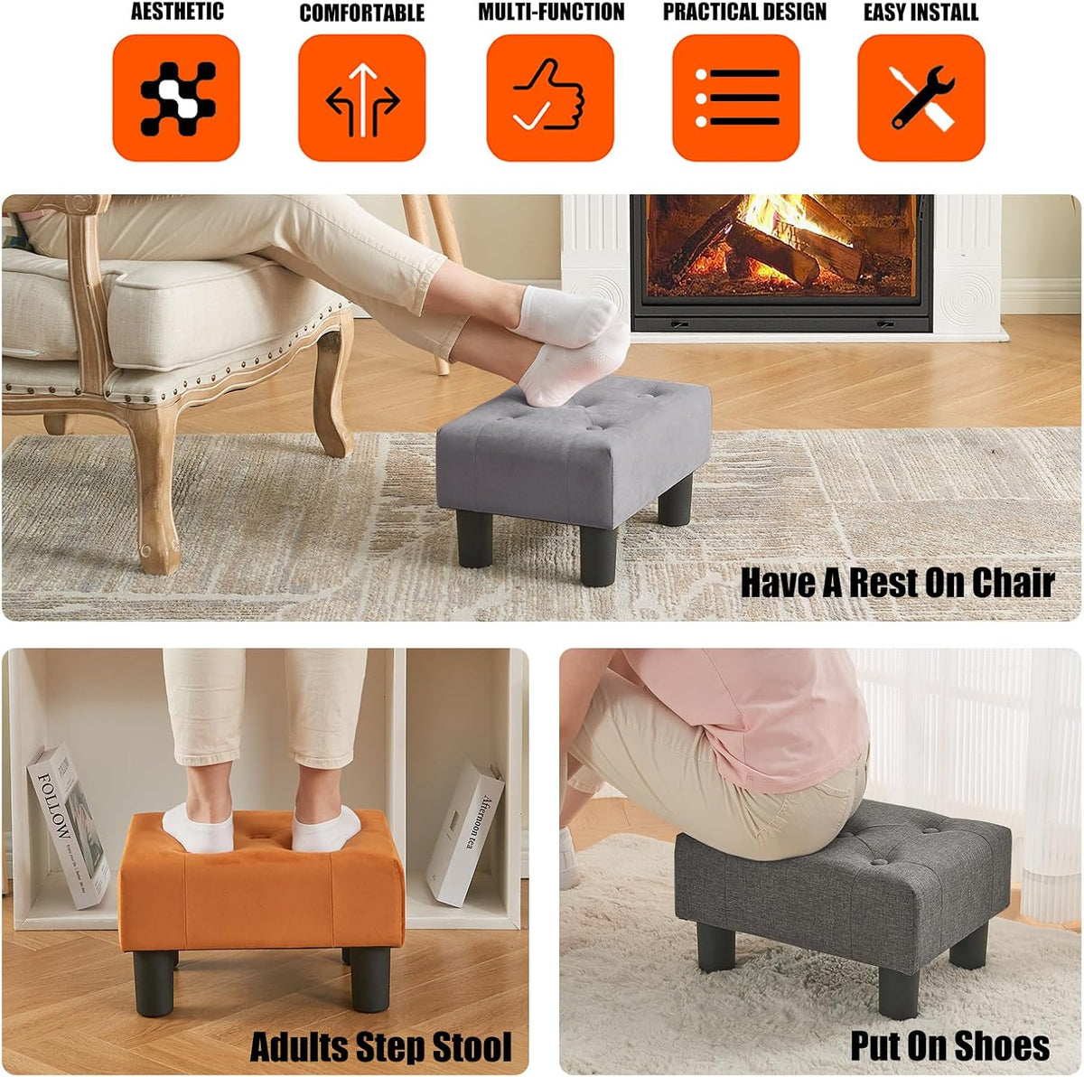 BRIAN & DANY Small Foot Stool, Velvet Foot Stools with Legs, Stable Small Footstool for Living Room, Harbor Mist Gray - Image 6
