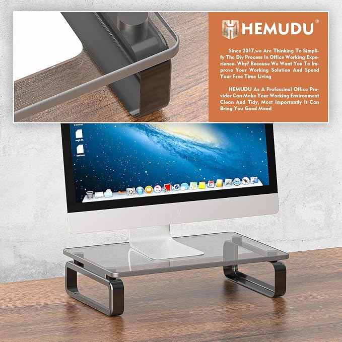 Hemudu Computer Monitor Stand Riser Multi Media Desktop Stand for Flat Screen LCD LED TV, Laptop/Notebook, with Tempered Glass and Metal Legs, Black HD02B-001U - Image 2