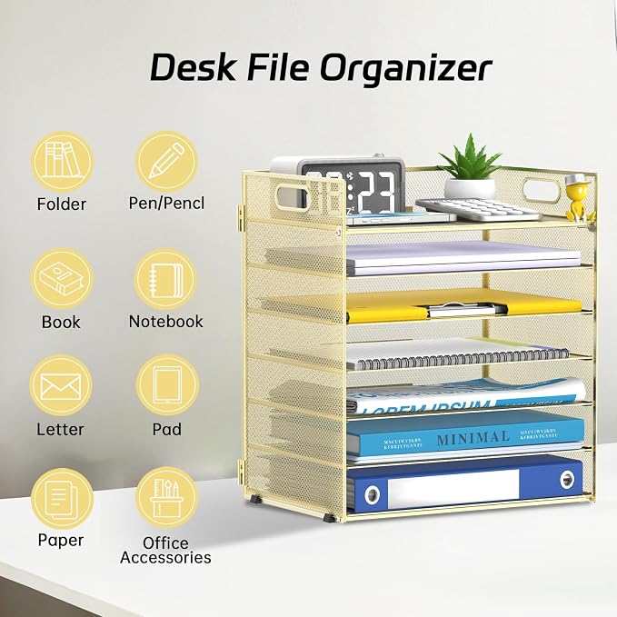 7 Tier Paper Organizer for Desk with Mesh Letter Trays and Handle Gold | Desk File Organizer with Handle for Sorting Papers, Files, Folders, Mail, Bills and Office Supplies - Image 3