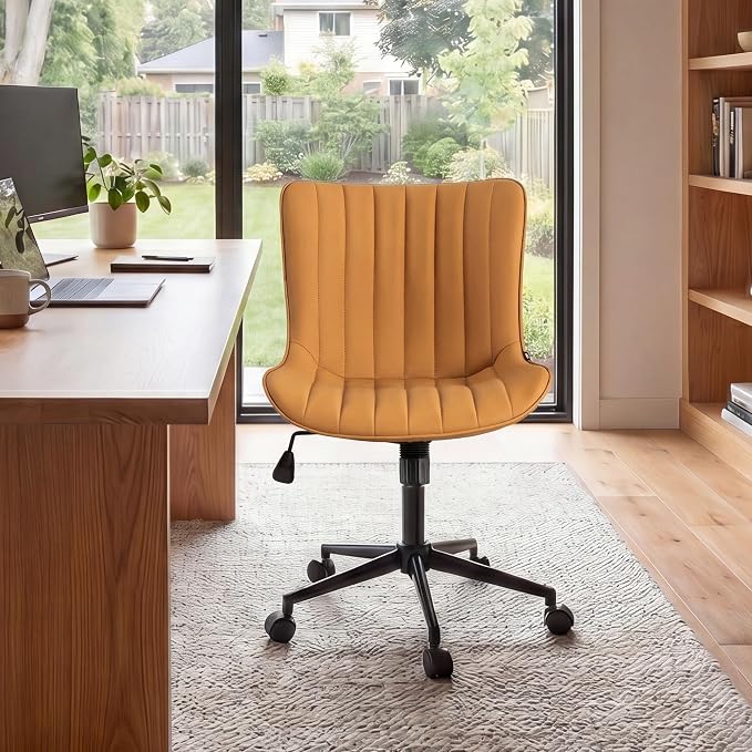 YOUNIKE Office Desk Chair with Wheels Armless Vanity Chair Modern Tan | Faux Leather Upholstered with Rocking Back, Swivel Height Adjustable Small Cute Computer Rolling Task Chair Ergonomic 300lb by YOUNIKE