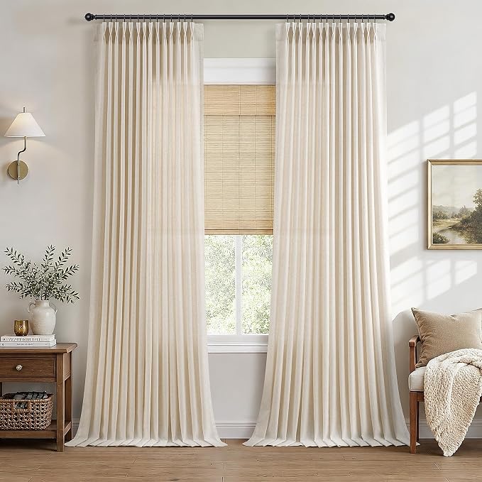 Hokibero Cream Pinch Pleated Linen Curtains 86 Inch Long for Living Room | Beige Light Filtering Semi Sheer Curtain,Back Tab Hooks Rings,Farmhouse Textured Privacy Drapes for Bedroom Window,2 Panels by Hokibero