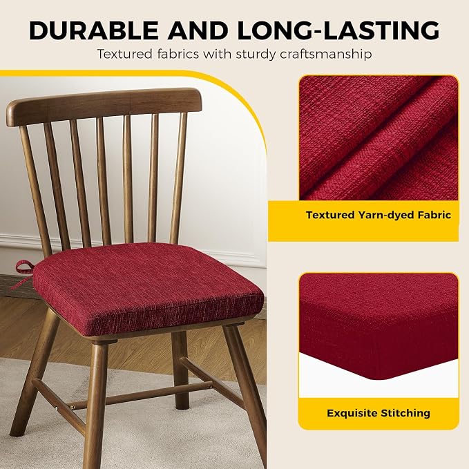 downluxe Indoor Chair Cushions for Dining Chairs, Soft and Comfortable Textured Foam Kitchen Chair Pads with Ties and Non-Slip Backing, 16" x 16" x 2", Red, 4 Pack - Image 6