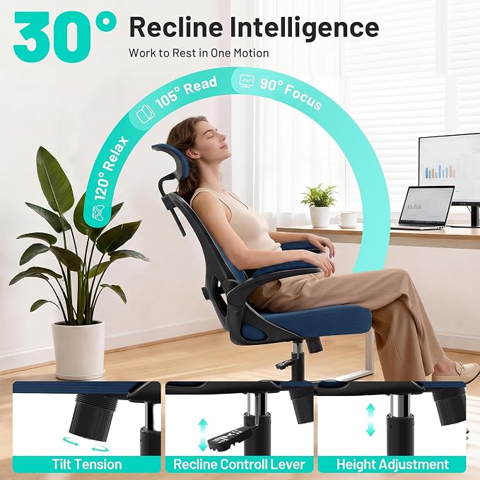Office Chair - Ergonomic Desk Chair Breathable Mesh Chair with 2D Headrest & Adjustable Lumbar Support - Executive High Back Rolling Swivel Computer Gaming Chair with Wheels Flip-up Armrests - Image 5